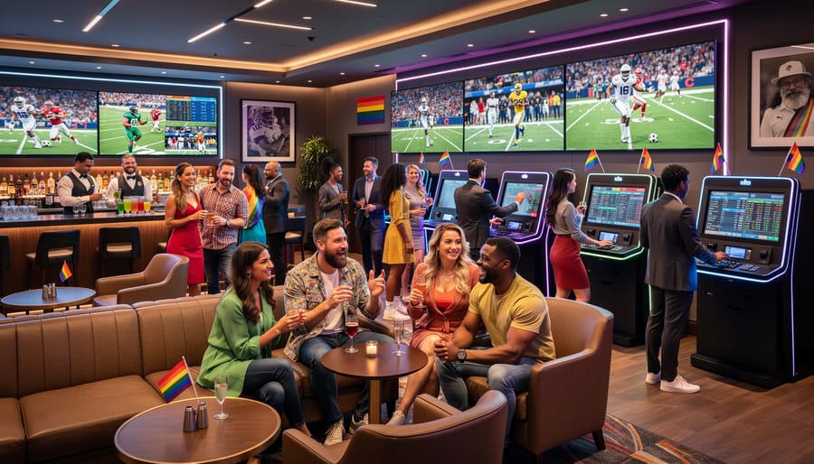 Modern sportsbook lounge with screens and comfortable seating for sports betting