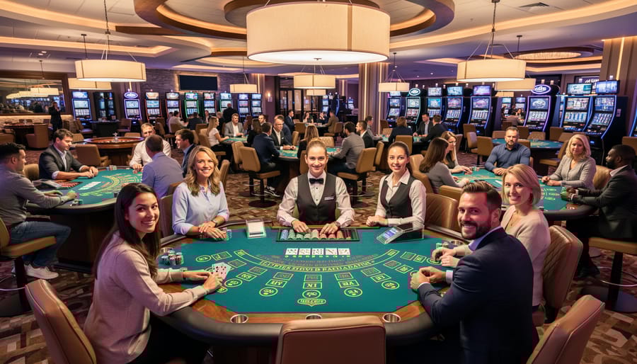 Close-up of poker chips and cards on casino table during gameplay