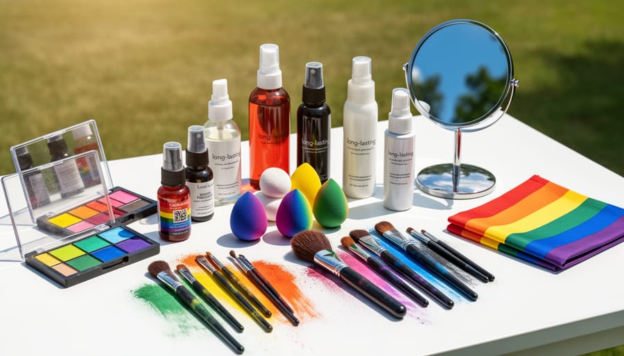 Flat-lay arrangement of face painting supplies and brushes in rainbow Pride colors