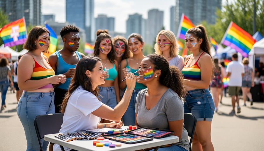 Person with rainbow Pride flag face paint smiling at Calgary Pride festival