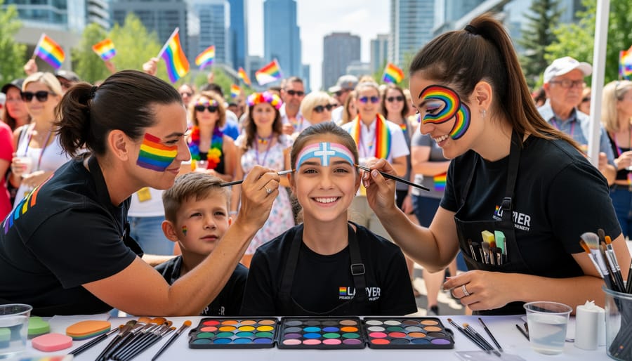 Face painting artist applying colorful Pride design at festival booth