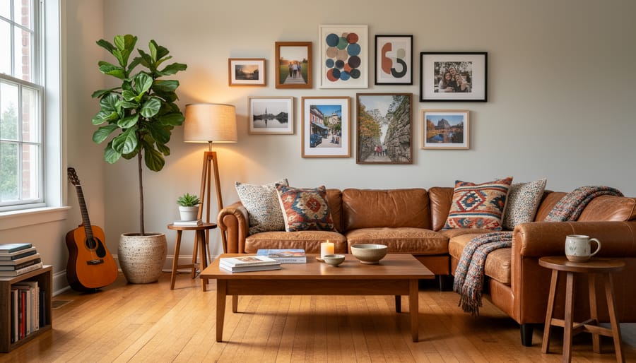 Modern living room interior with bold colorful painted walls and personal design elements