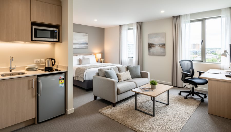 Modern extended stay hotel room with kitchenette and comfortable seating area