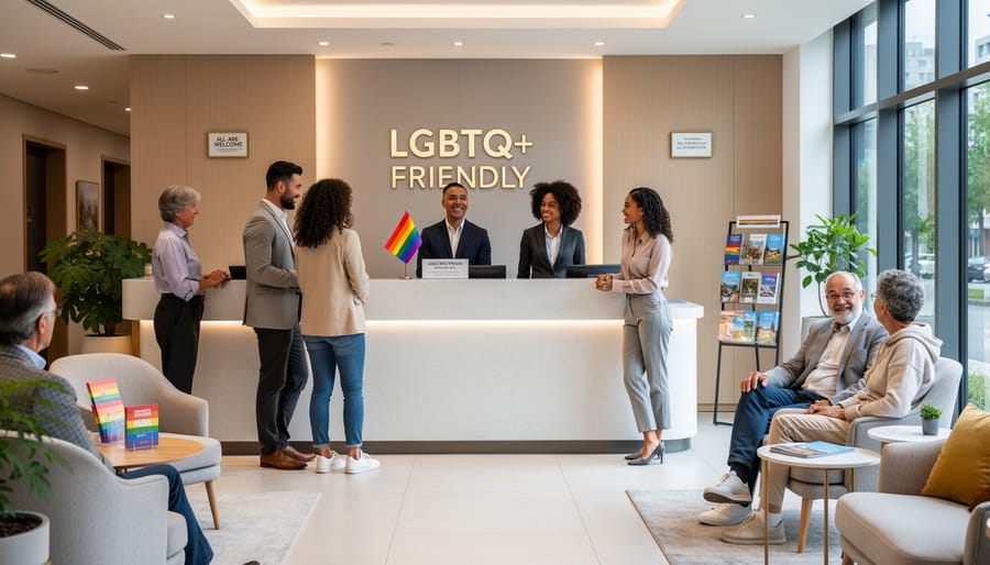 Welcoming hotel reception area with rainbow flag and inclusive hospitality environment
