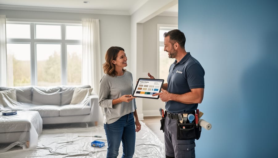 Professional painter carefully applying colorful paint to interior bedroom wall