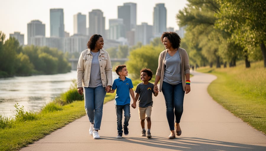 A rainbow family walking along a Calgary river pathway with the city skyline softly blurred in the background.