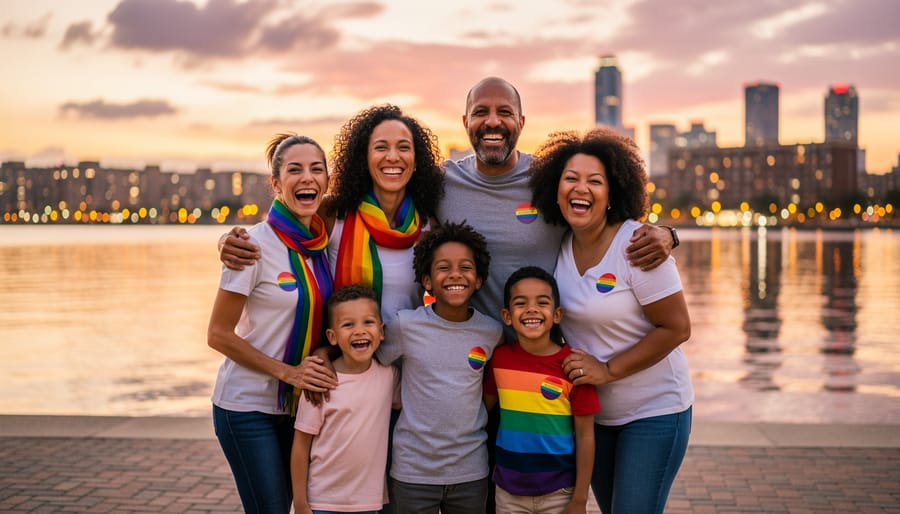 A rainbow family posing together at a Calgary waterfront during golden hour with blurred city lights in the background.