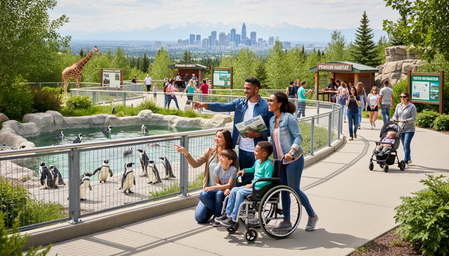 A rainbow family watching animals at an outdoor zoo exhibit in Calgary.