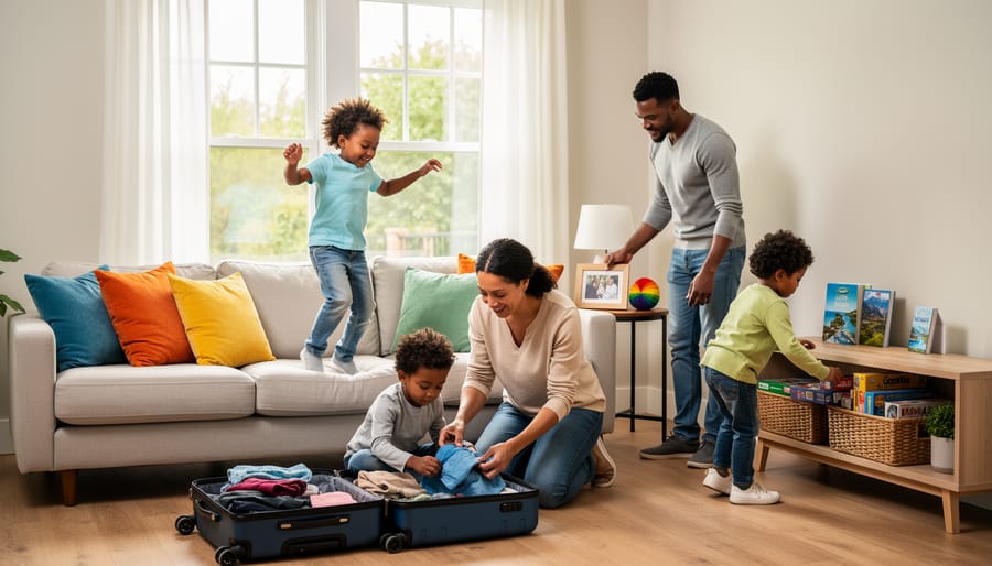 A rainbow family unpacking toys and suitcases in a bright Calgary vacation rental living room.