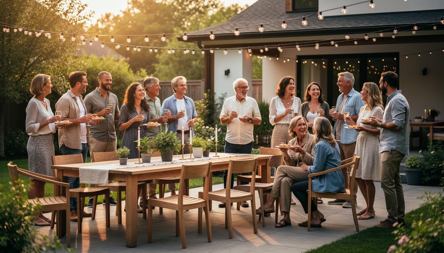 Outdoor Pride Week gathering with people socializing on a patio under warm sunlight and colorful rainbow decor