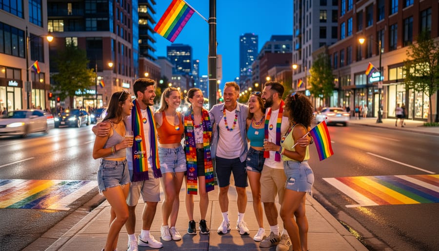 Diverse group of friends at night in Calgary with pride pins and rainbow colors near an illuminated nightlife venue