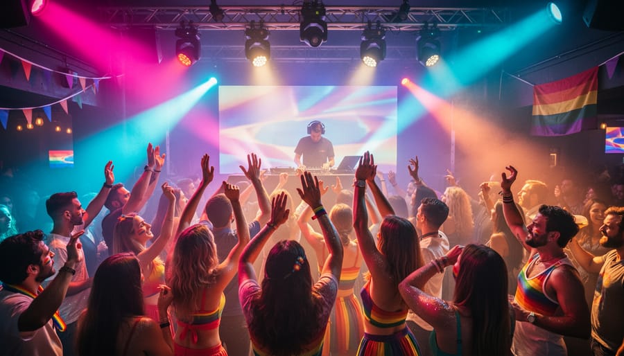 Couple dancing under colorful DJ lights at a pride-themed nightclub with blurred crowd in the background