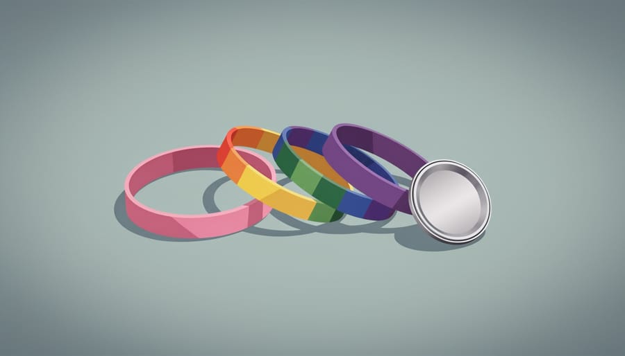 Close-up of rainbow-striped pride wristbands and a pride pin on a nighttime curb near blurred city lights